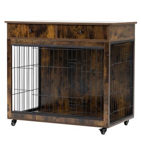 Dog Crate Furniture, Wooden Dog Crate End Table, 38.4 Inch Dog Kennel with 2 Drawers Storage, Heavy Duty Dog Crate, Decorative Pet Crate Dog Cage for